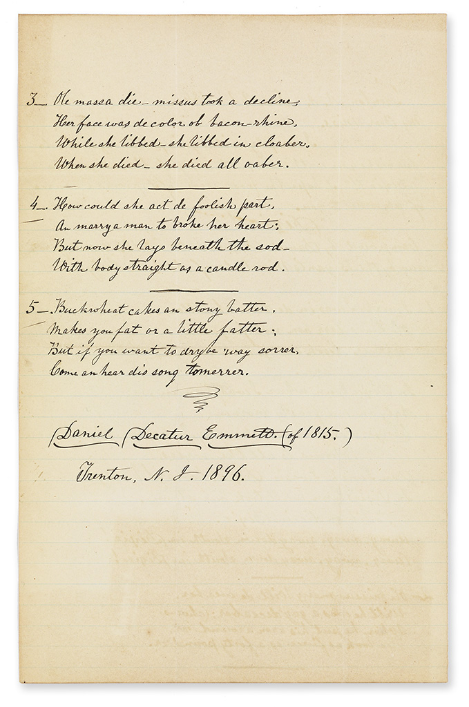 EMMETT, DANIEL D. Autograph Manuscript dated and Signed, Daniel Decatur Emmett (of 1815),